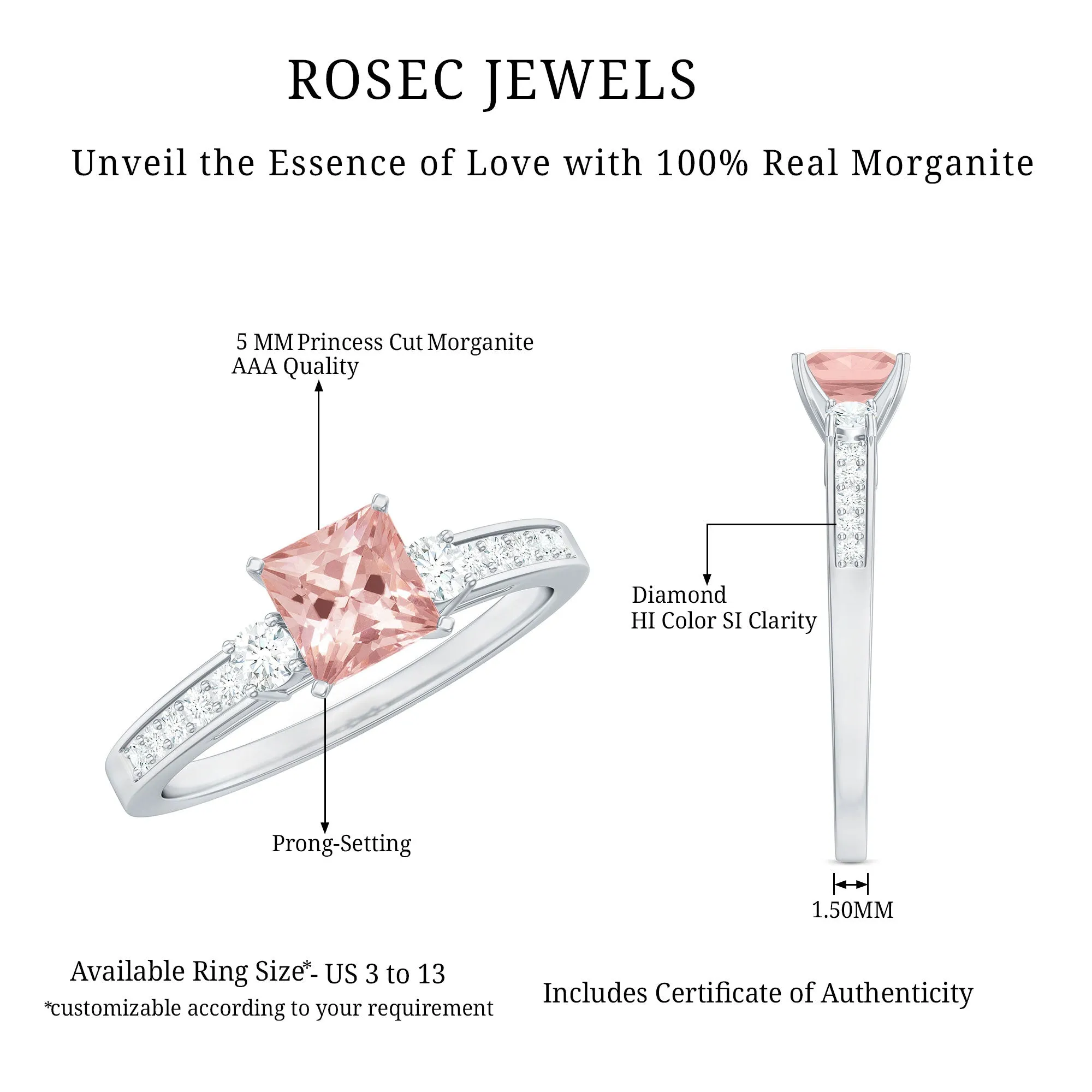 1 CT Princess Cut Morganite Classic Engagement Ring with Diamond