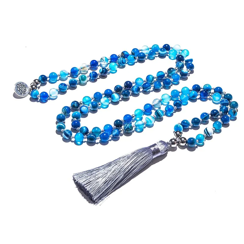 108 Natural 8mm Blue Agate Beaded Knotted Japamala Necklace Meditation Yoga Blessing Jewelry Sets