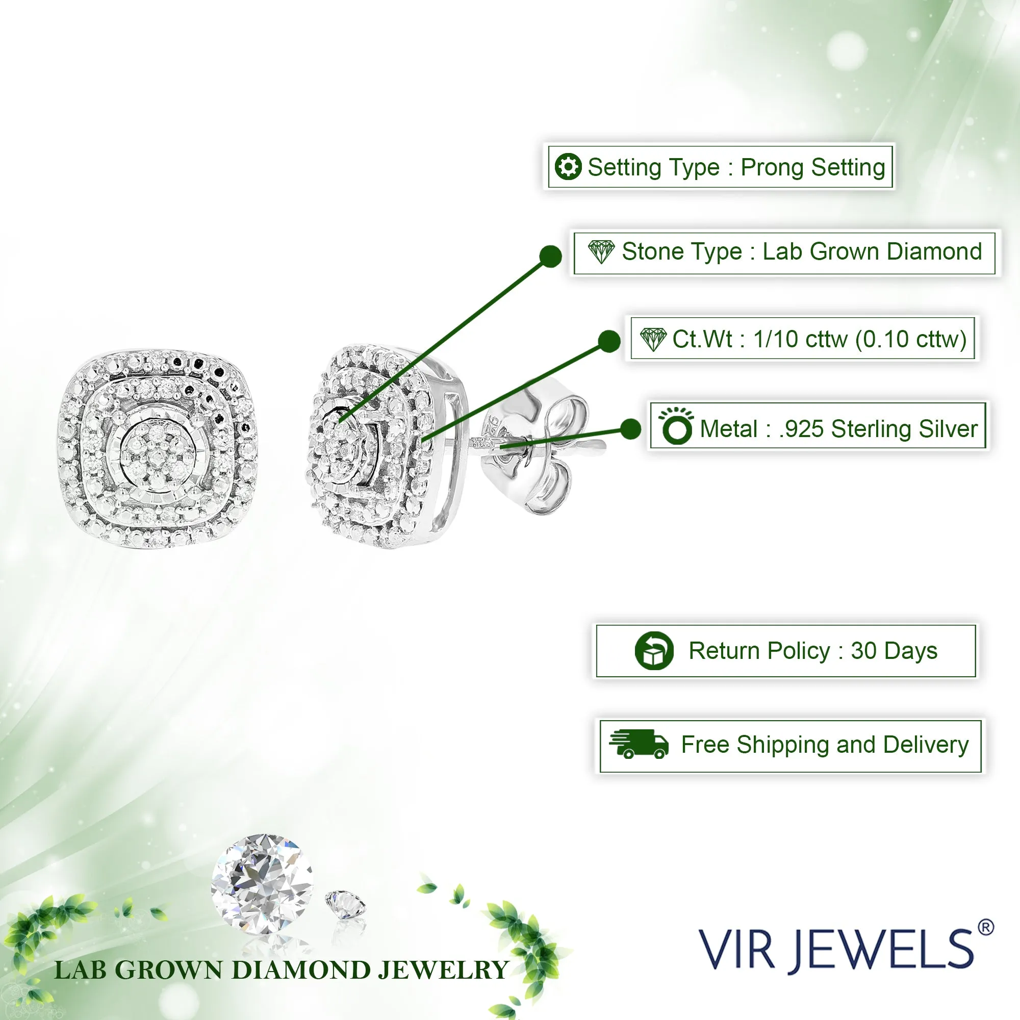 1/10 cttw 34 Stones Round Lab Grown Diamond Studs Earrings .925 Sterling Silver Prong Set Square Shape