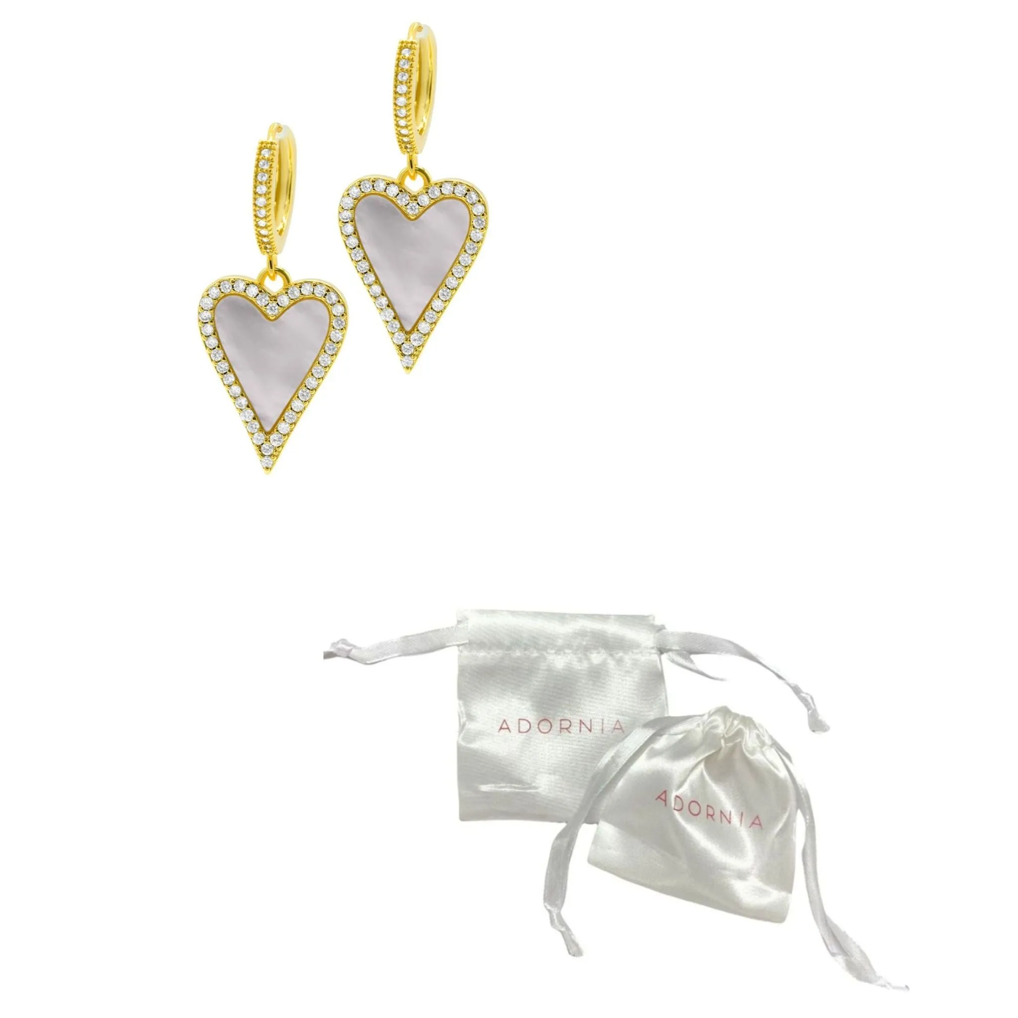14K Gold Plated White Mother-of-Pearl Crystal Halo Heart Drop Huggie Earrings