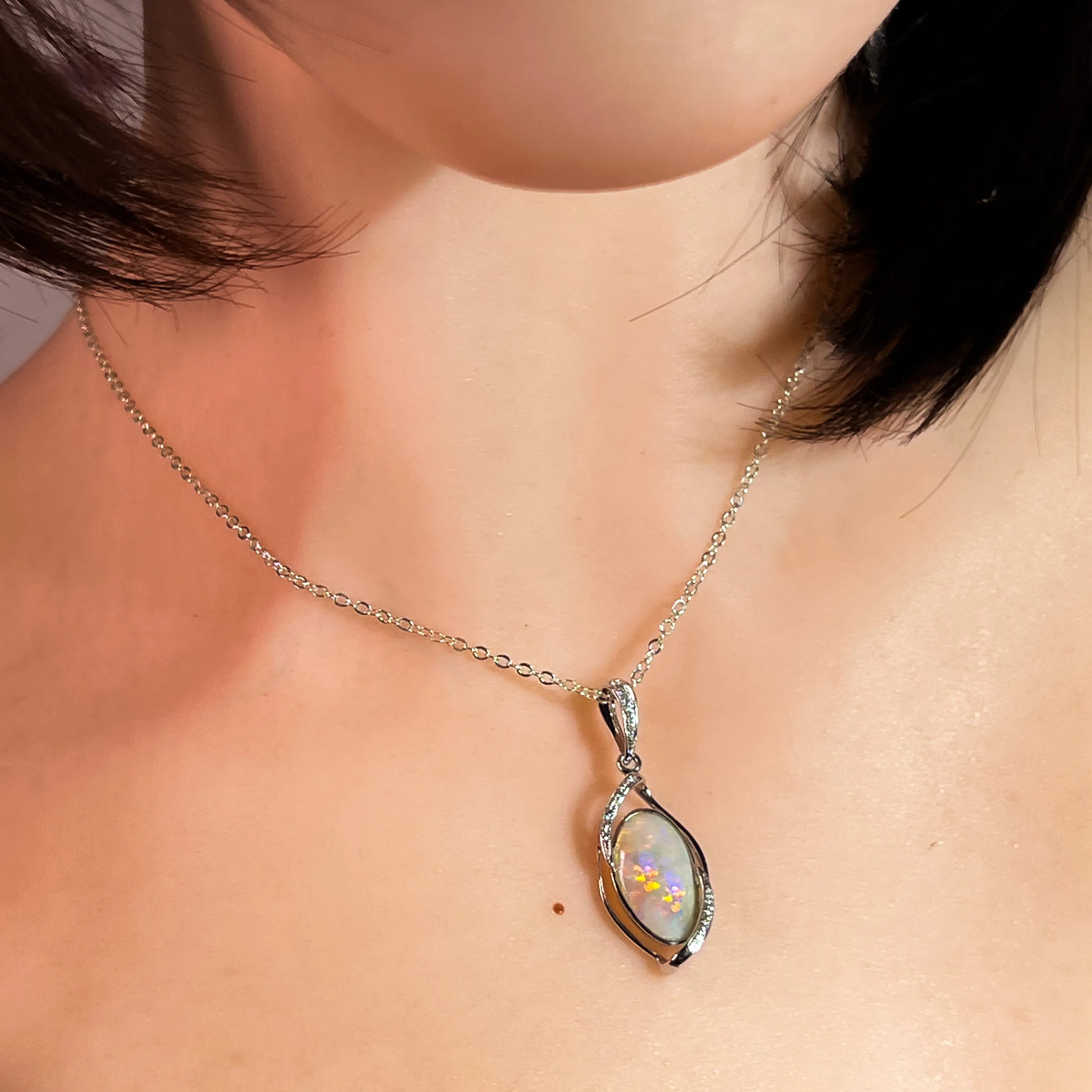 14kt White Gold Crystal Shell Opal with diamonds pendant
