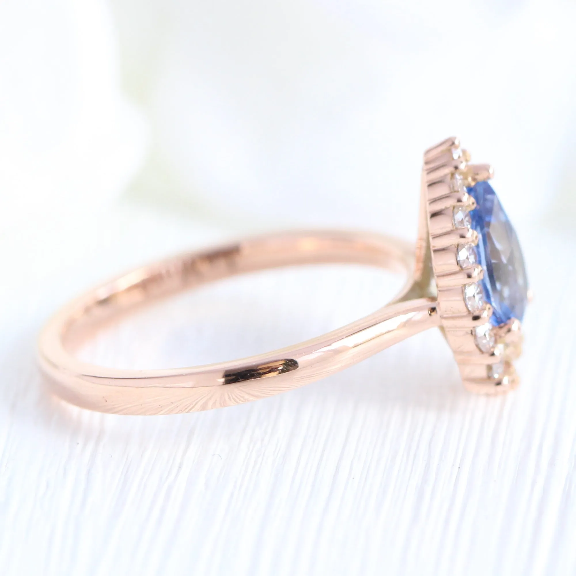 1.68 Ct Pear Ceylon Blue Sapphire Ring in 14k Rose Gold Tiara Halo Diamond, Size 6.25
