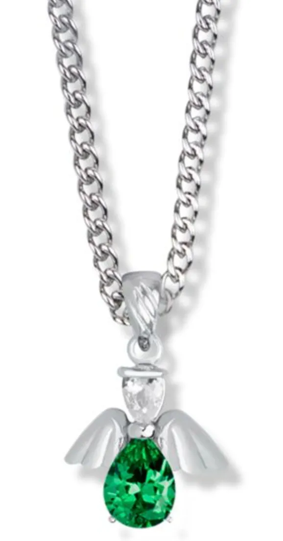 3/4 Inch Sterling Silver and Glass Crystal May Birthstone Angel Necklace