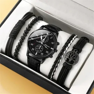 5-Piece Set with Bracelets-Quartz Wristwatch with Leather Strap – Fashionable and Durable,