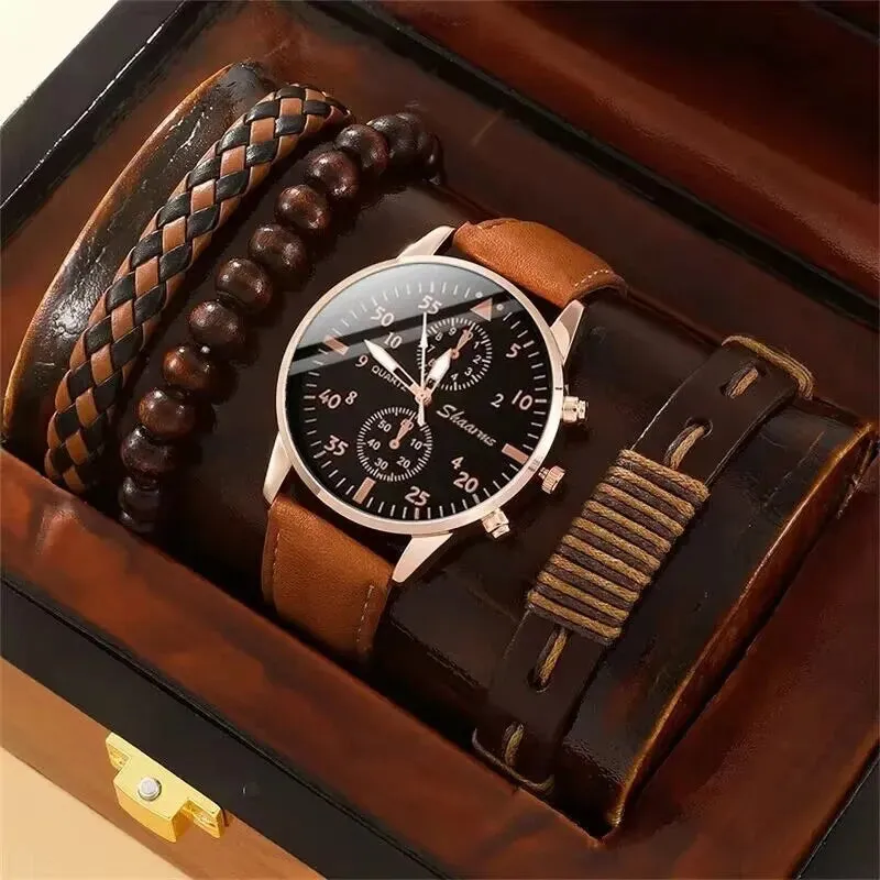 5-Piece Set with Bracelets-Quartz Wristwatch with Leather Strap – Fashionable and Durable,
