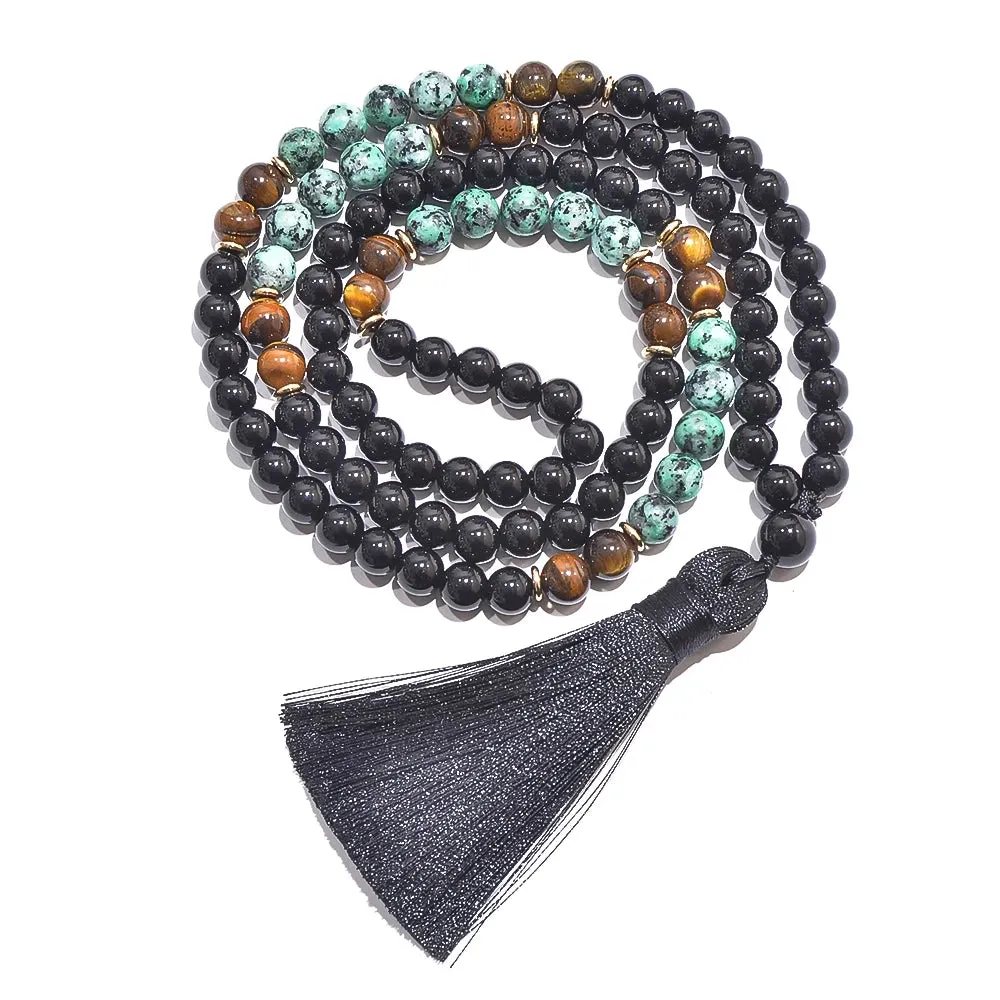 8mm African Turquoise Black Onyx Tiger Eye Beaded 108 Mala Prayer Necklace Meditation Jewelry Japamala Set