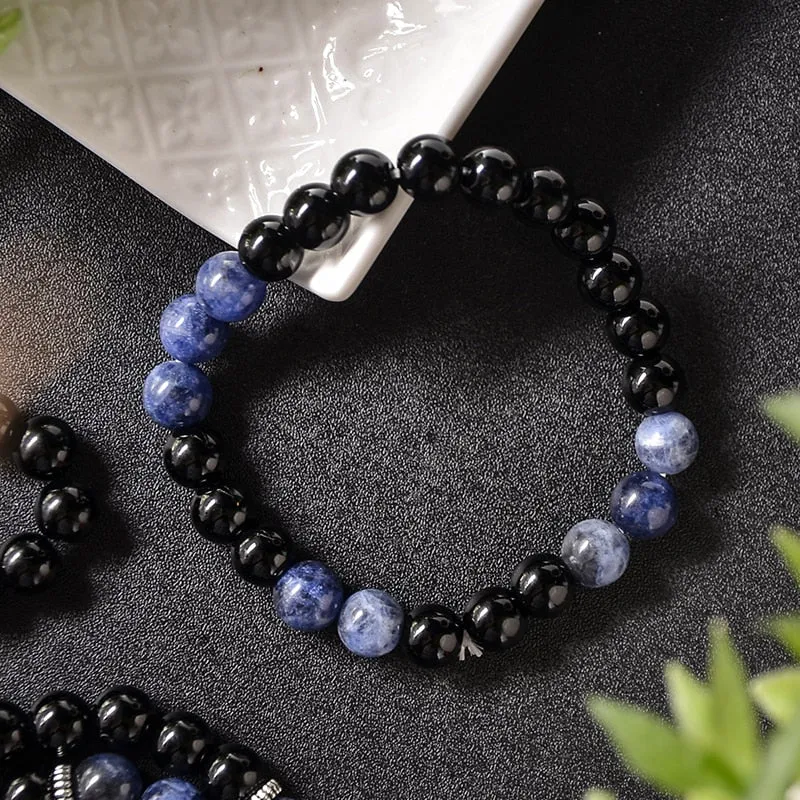 8mm Black Agate  Blue Sodalite Beaded 108Mala Necklace Meditation Yoga Blessing Jewelry Bracelet Set