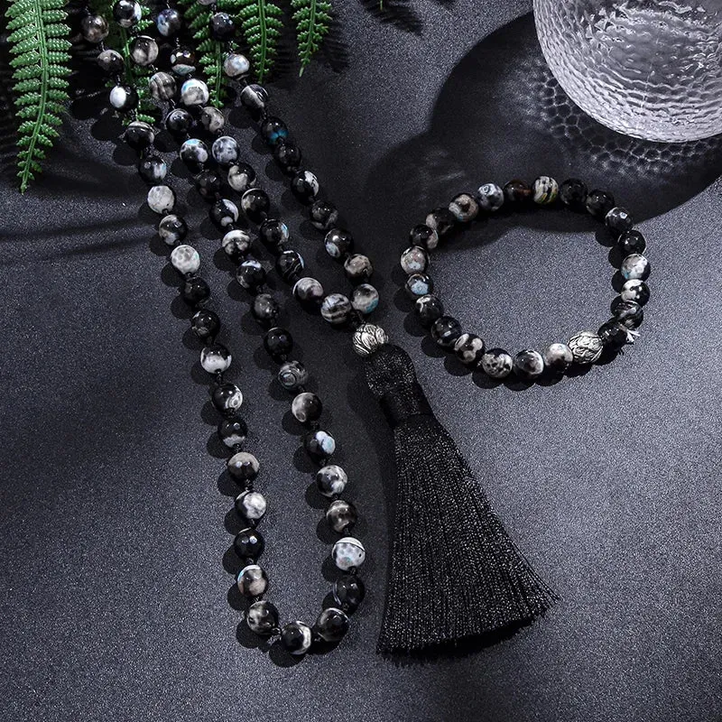 8mm Black Fire Onyx 108 Japamala Beaded Knotted Necklace Meditation Yoga Blessing Spirit Jewelry Set