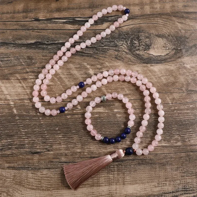 8mm Natural Rose Quartz Lapis Lazuli Necklace Sets 108 Beaded Japa Mala Love Jewelry