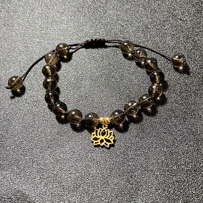 8mm Natural Smoky Quartz Beaded Knotted Mala Necklace