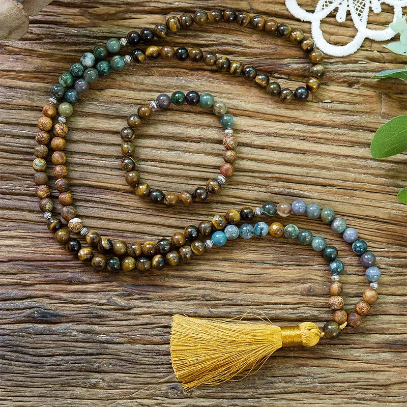 8mm Natural Yellow Tiger Eyes Indian Agate Tree Pattern Onyx 108 Japa Mala Beaded Necklace Meditation