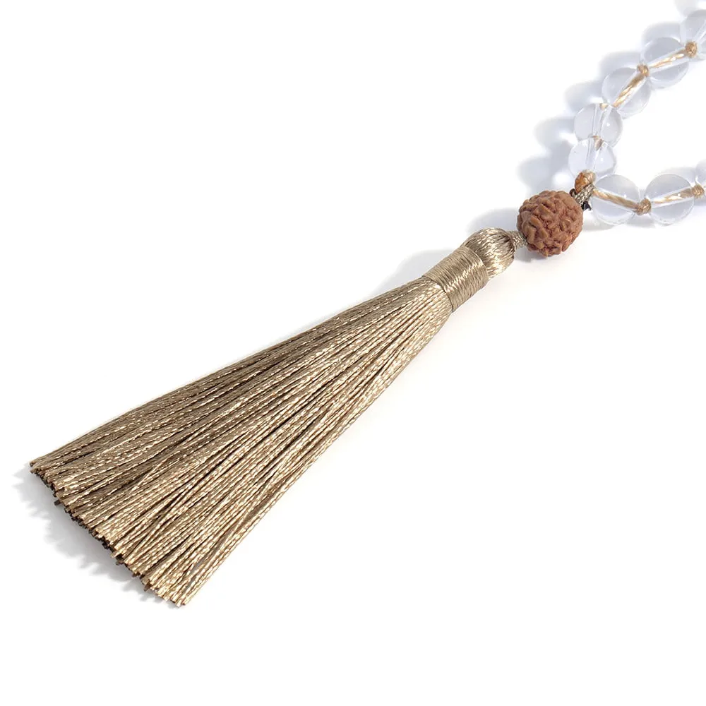 8mm White Crystal Beaded 108 Mala Handmade Knotted Long Necklace Women