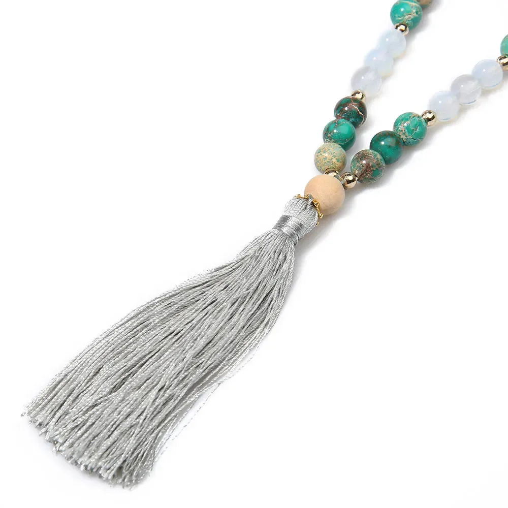 8mm Wooden Beads Emperor Stone Opal Beaded Necklace 108 Japamala Meditation