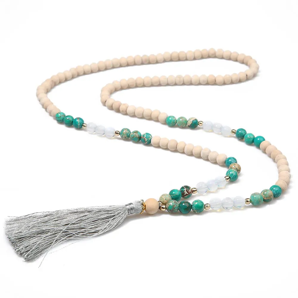 8mm Wooden Beads Emperor Stone Opal Beaded Necklace 108 Japamala Meditation