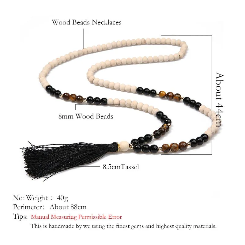 8mm Wooden Beads Yellow Tiger Eyes Black Onyx Beaded Necklace