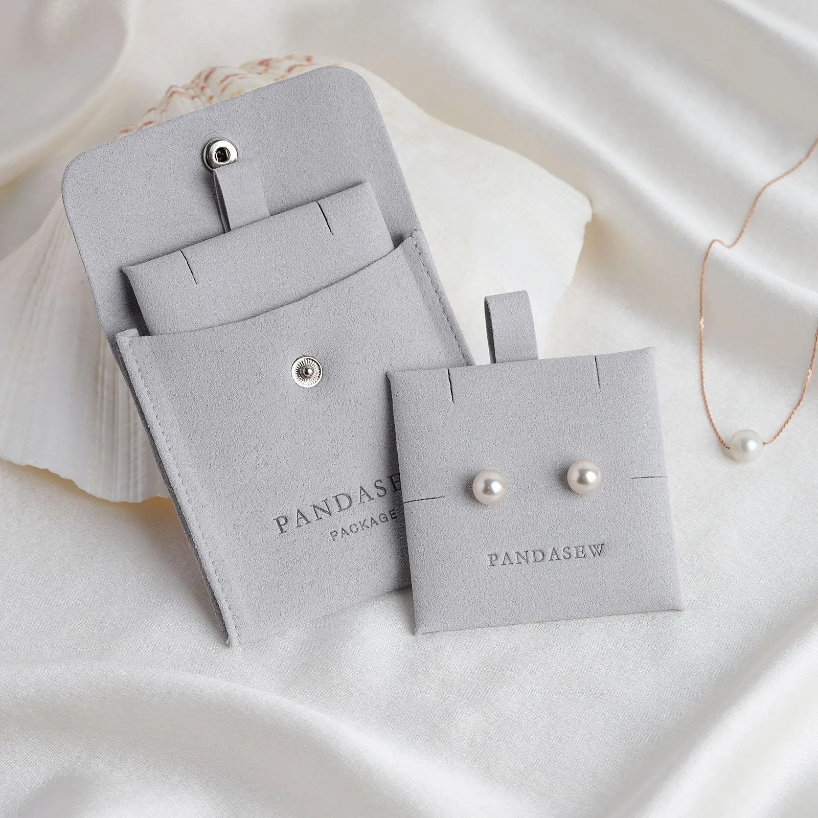 8x8cm Microfiber Snap Jewelry Pouch with Insert earring necklace package with debossed Logo 50pcs MCR-131