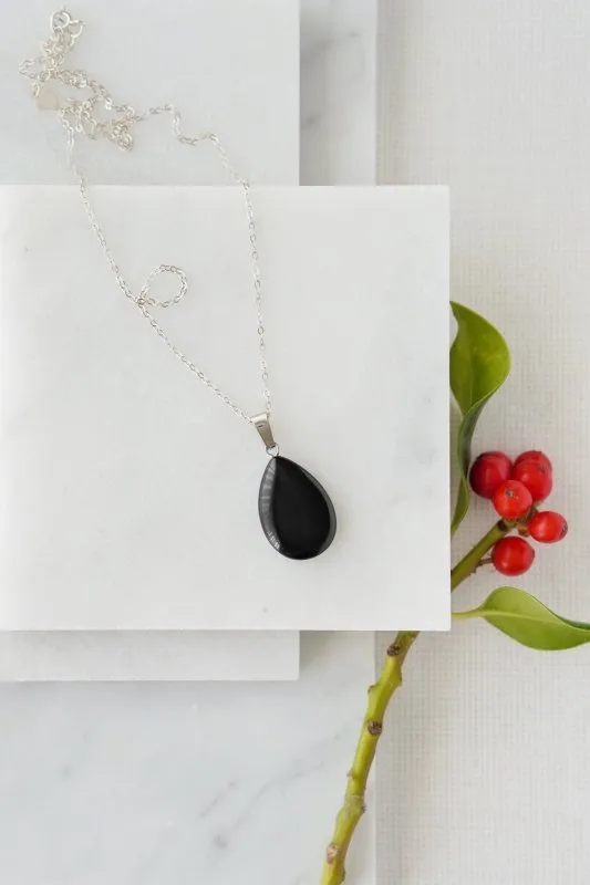 925 Sterling Silver Black Obsidian Pendant Necklace