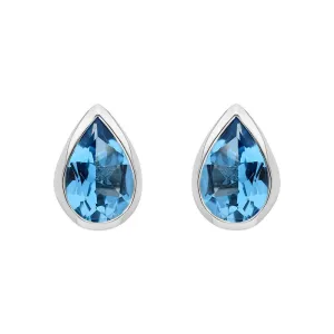 9ct White Gold Blue Topaz 6x4mm Pear Rub Over Stud Earrings