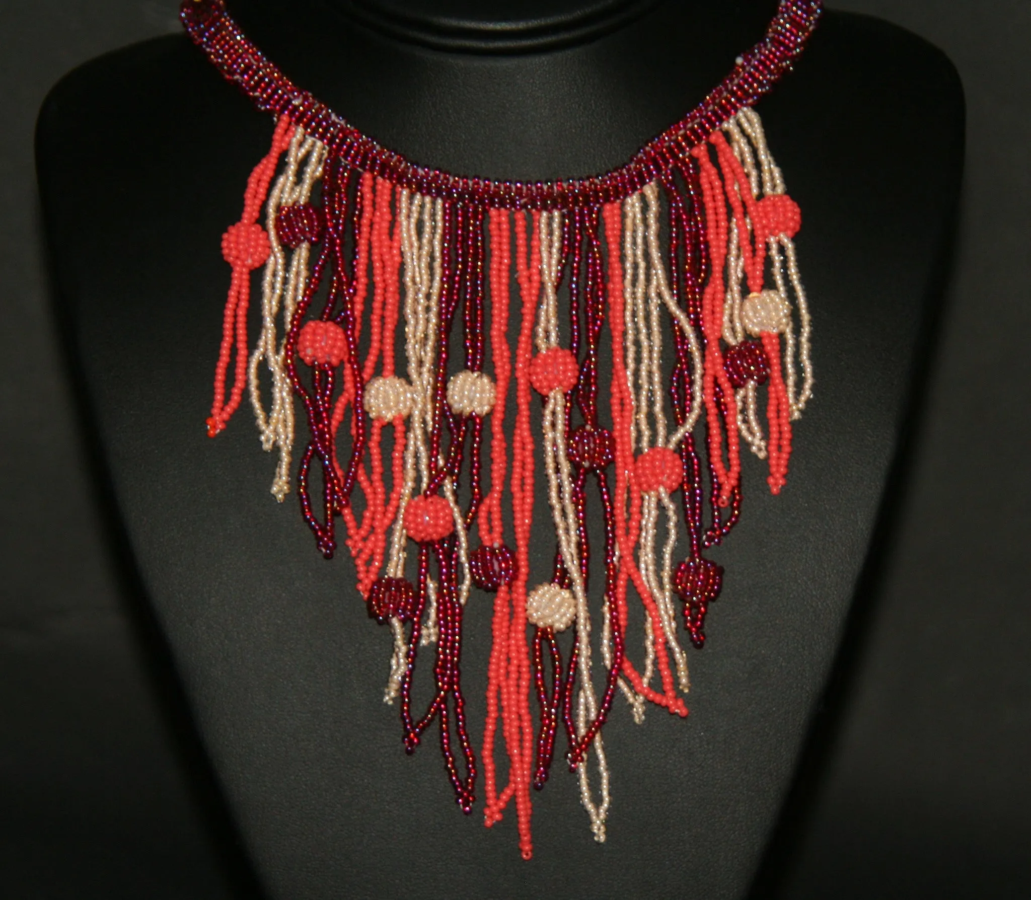African Choker Beaded Cascade Necklace Burgundy Orange White Beads
