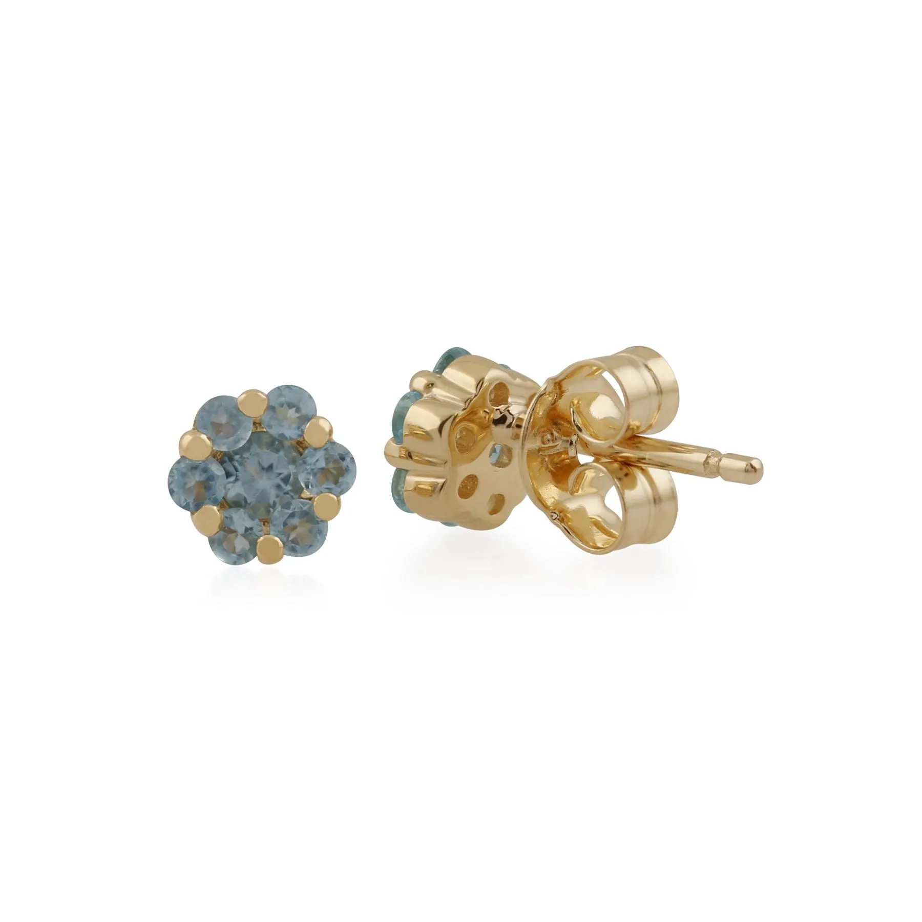 Boucles d'Oreilles Clou Floral Or Jaune 375 Topaze Bleue Style Cluster