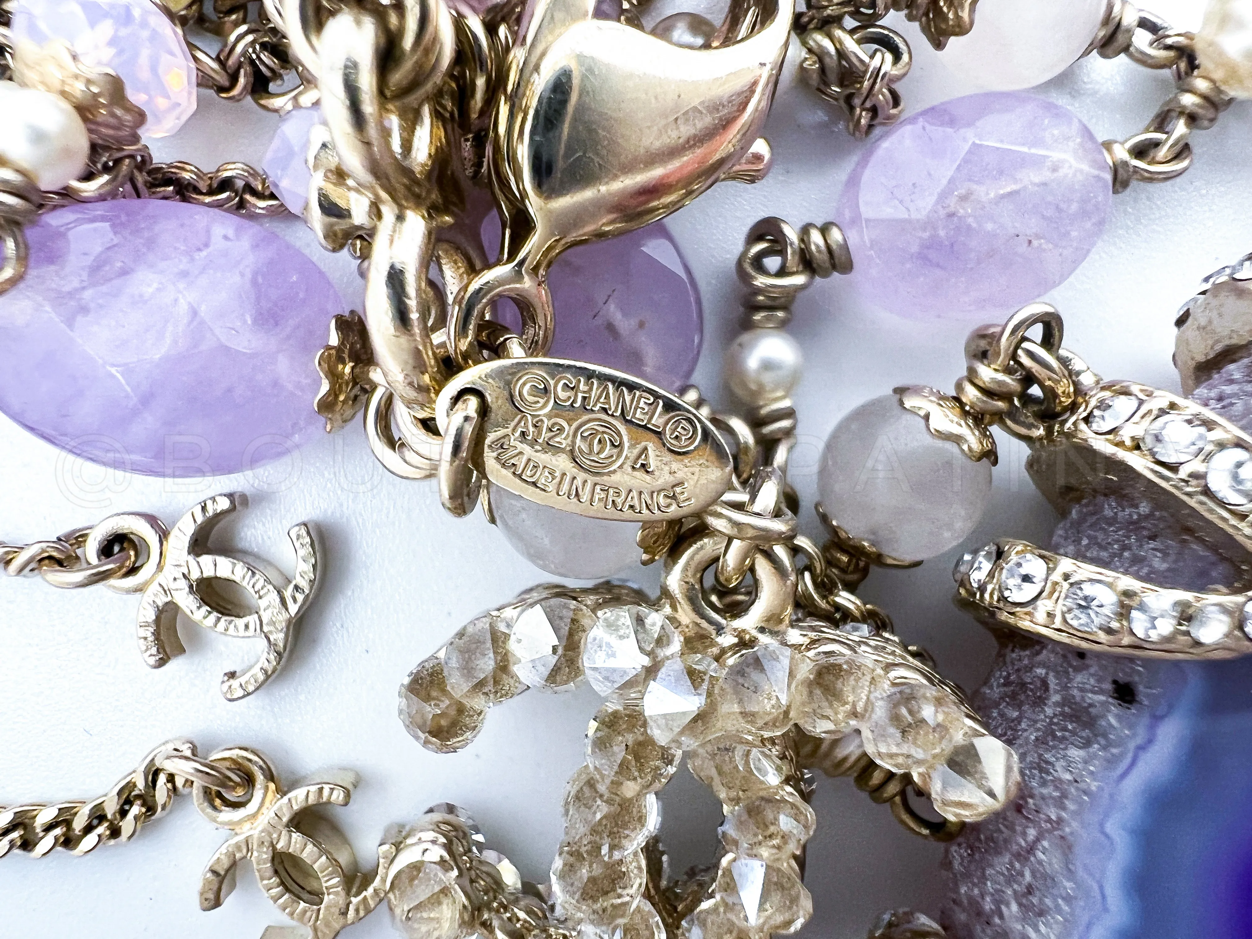 Chanel 12A Violet Purple Agate Stone Crystal Beaded 6 Strand Necklace