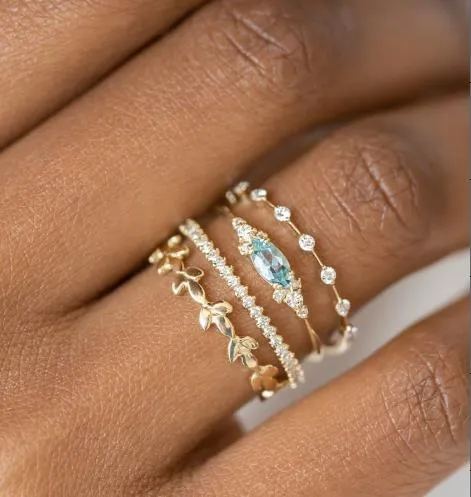 Chicmy-Geometric Gold Color Combination Round Zircon Crystal Rings Set