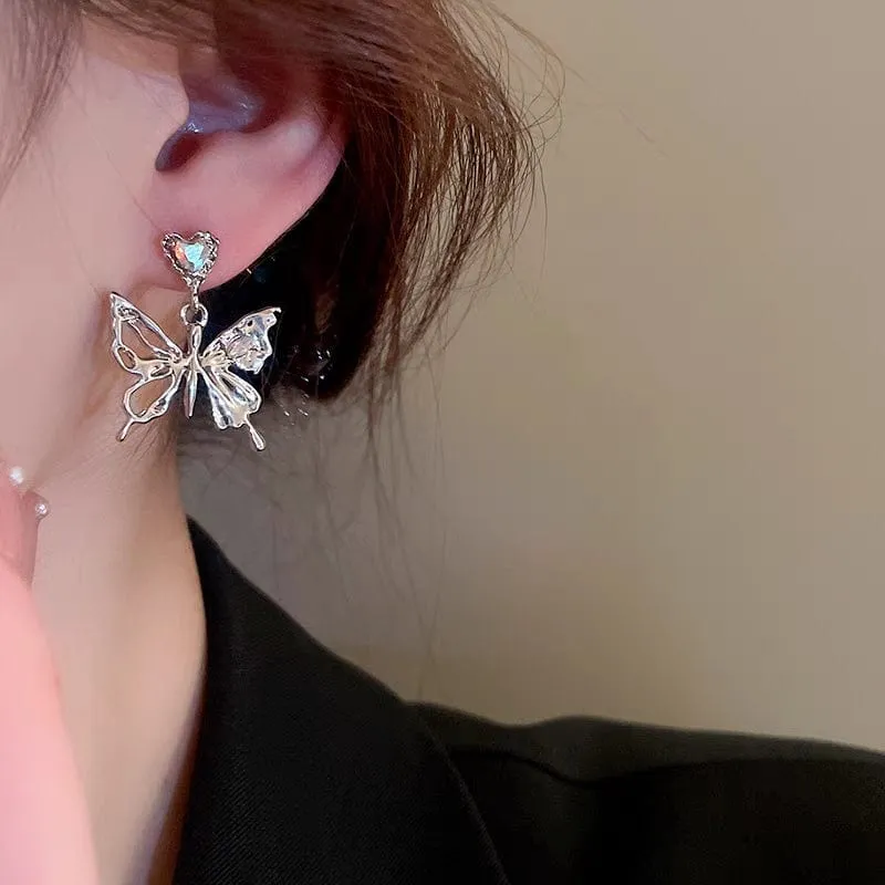 Crystal Inlaid Dangling Butterfly Earrings