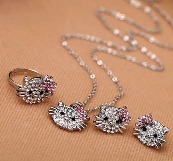 Crystal Kitty Ring,Earring and Necklace Set