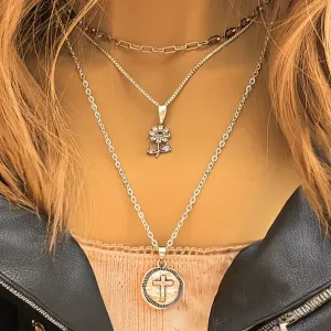 CZ Flower/Dragonfly Cross  Layered Necklace Set