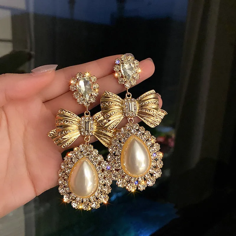 Elegant Gold Bowknot Crystal Pearl Dangle Earrings