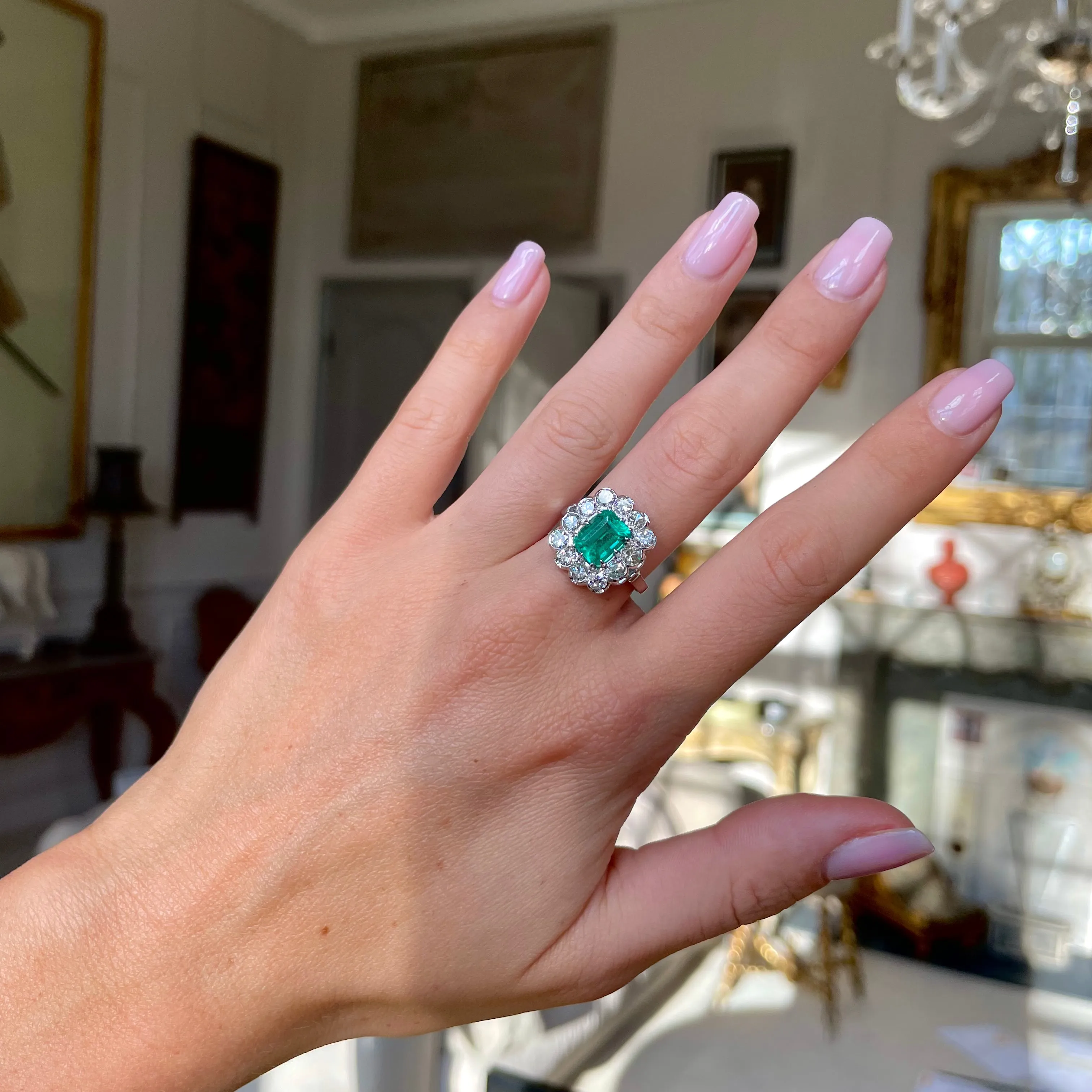 Engagement | 18ct white gold, Colombian emerald and diamond cluster ring