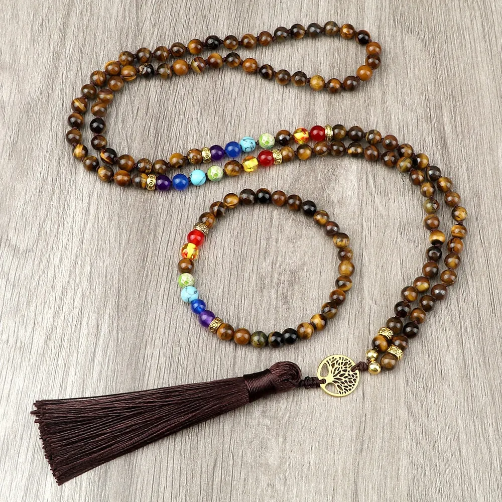 Fashion 108 Mala Tribal Jewelry Green Stripe Onyx Stone Knotted 7 Chakra Beaded Necklace For Women