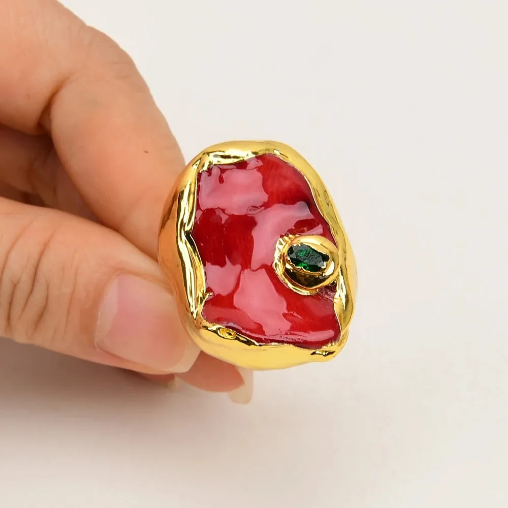 G-G Natural Red Coral Nugget Green Crystal CZ Pave Ring