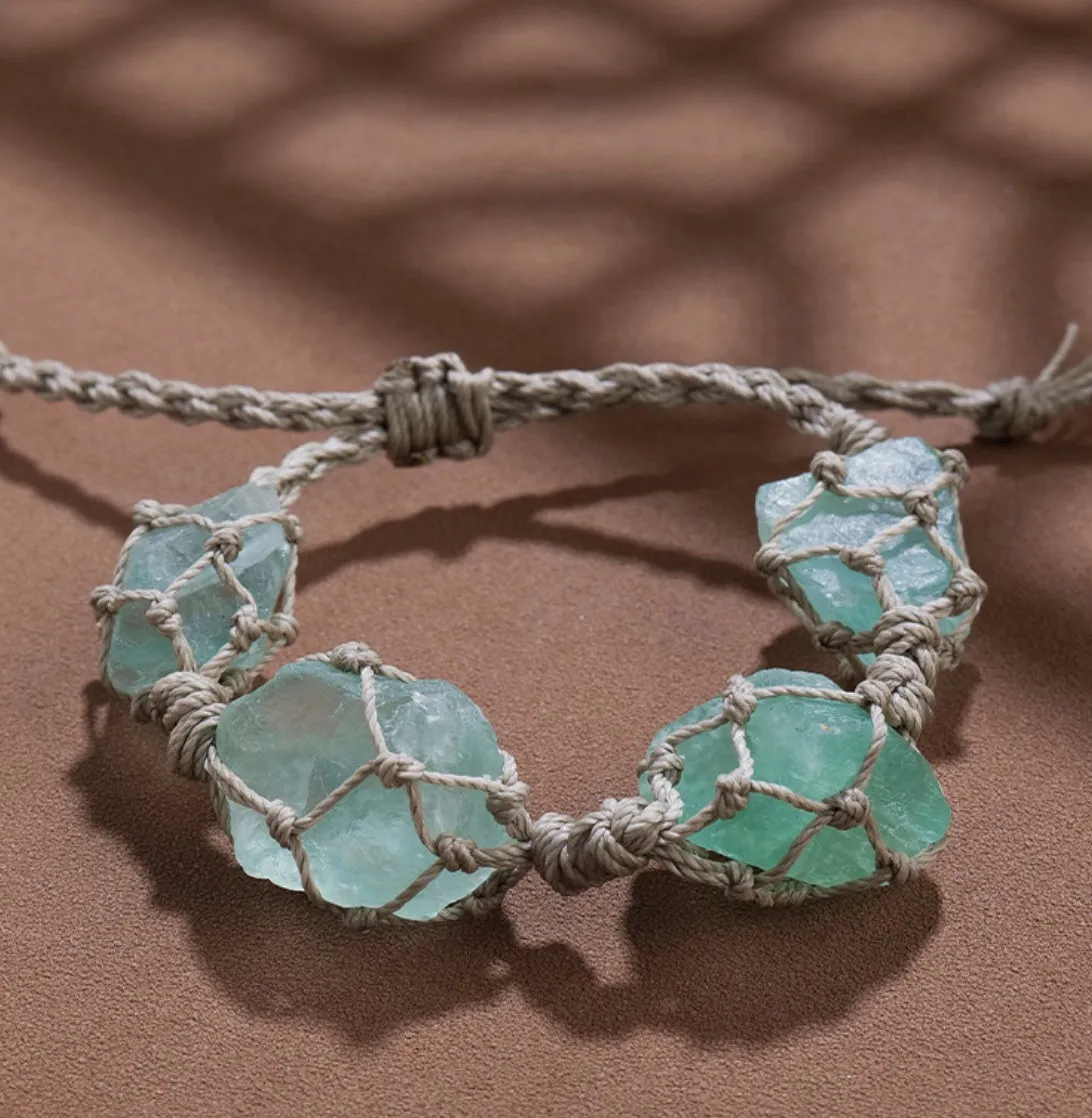 Handmade Macrame 4 Gemstones Natural Crystal Stone Net Energy Bracelet - Variety Quartz