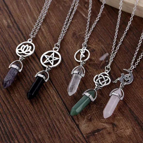 Hexagon Column Natural Stone Necklace-3 Styles Jade, Crystal, Amythyst, Onyx, Quartz