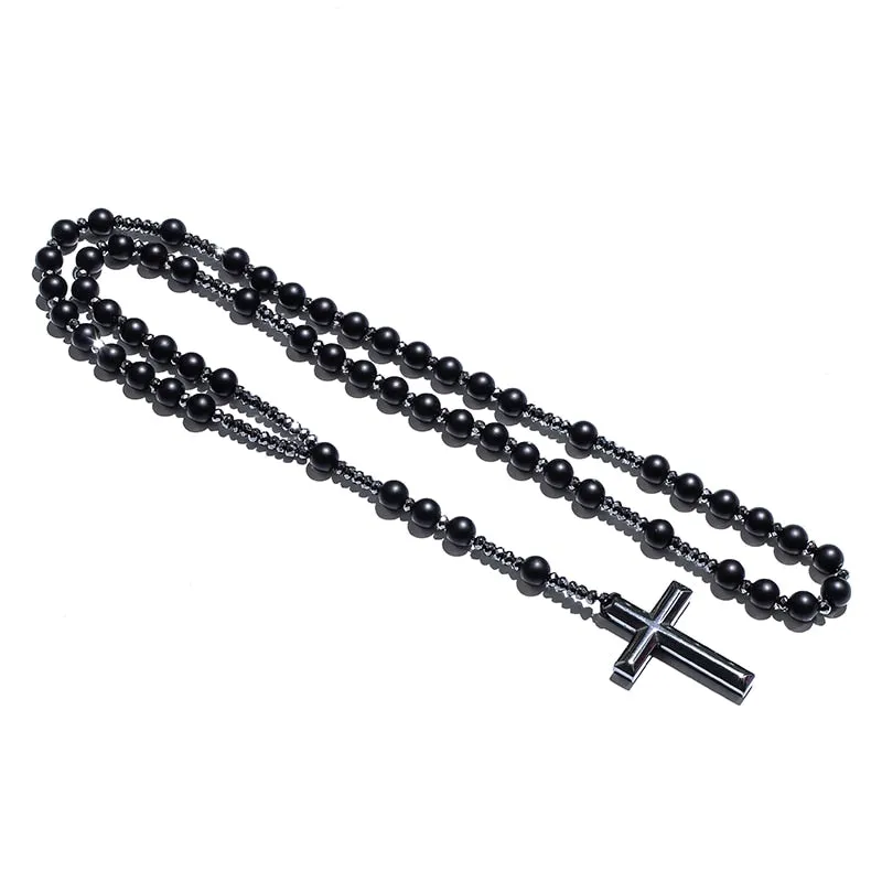 Matte Black Onyx Beaded Catholic Christian Rosary Necklace Cross Pendant