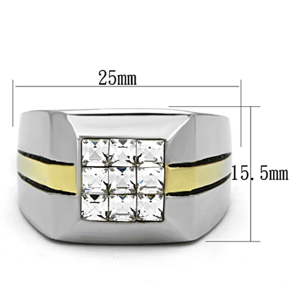 Mens Gold Stripe Silver Stainless Steel Synthetic Crystal