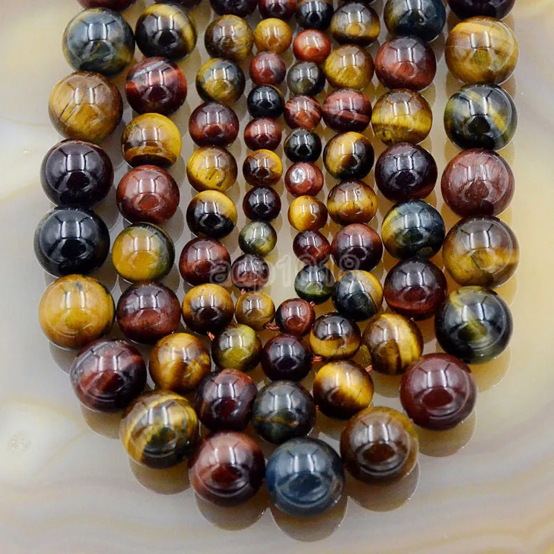 Natural Yellow Red Blue Tiger's Eye Gemstone Round Loose Beads on a 15.5" Strand