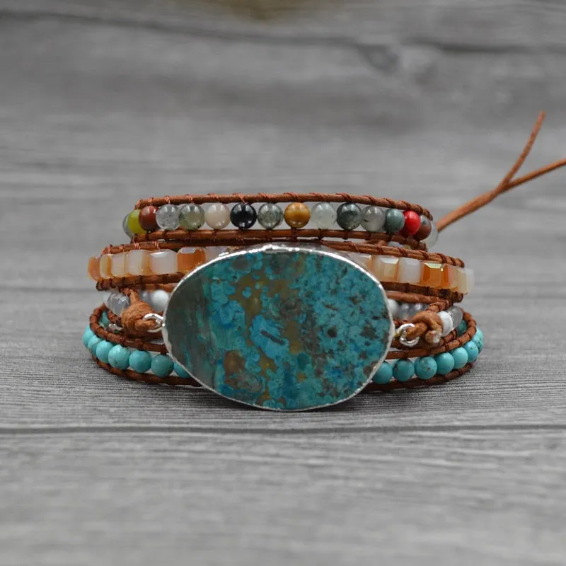 New Women Leather Bracelet Unique Mixed - Large Blue Stone