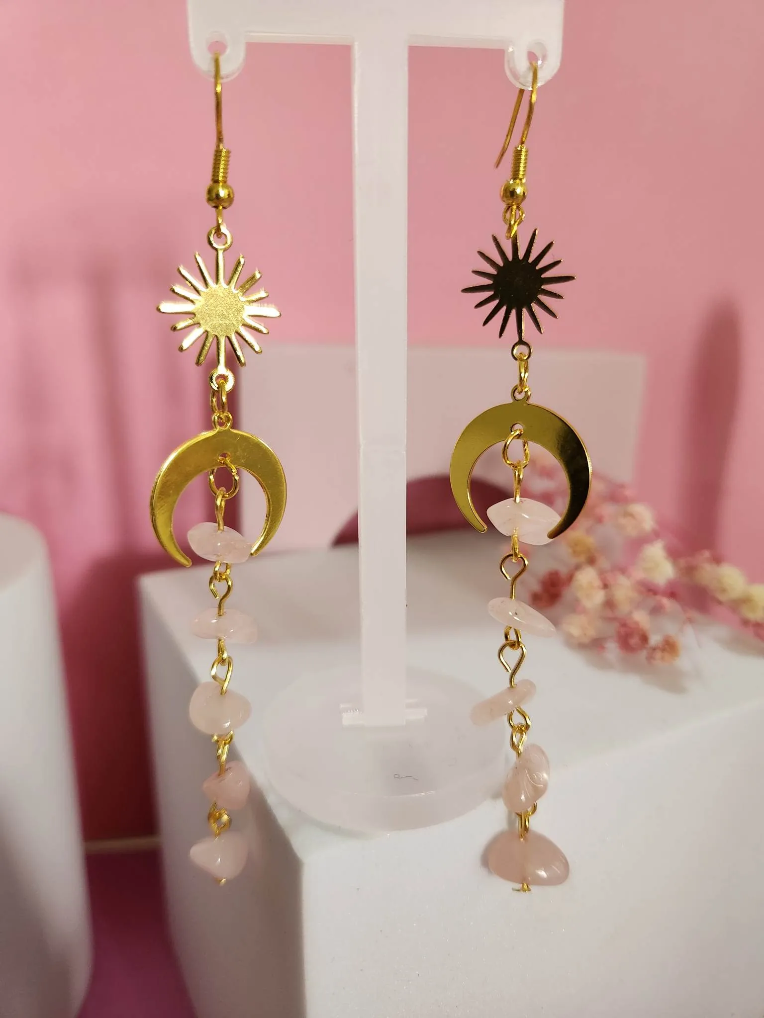 Pink Multi Faux Crystal Dangle Sun Moon Cresent Earrings
