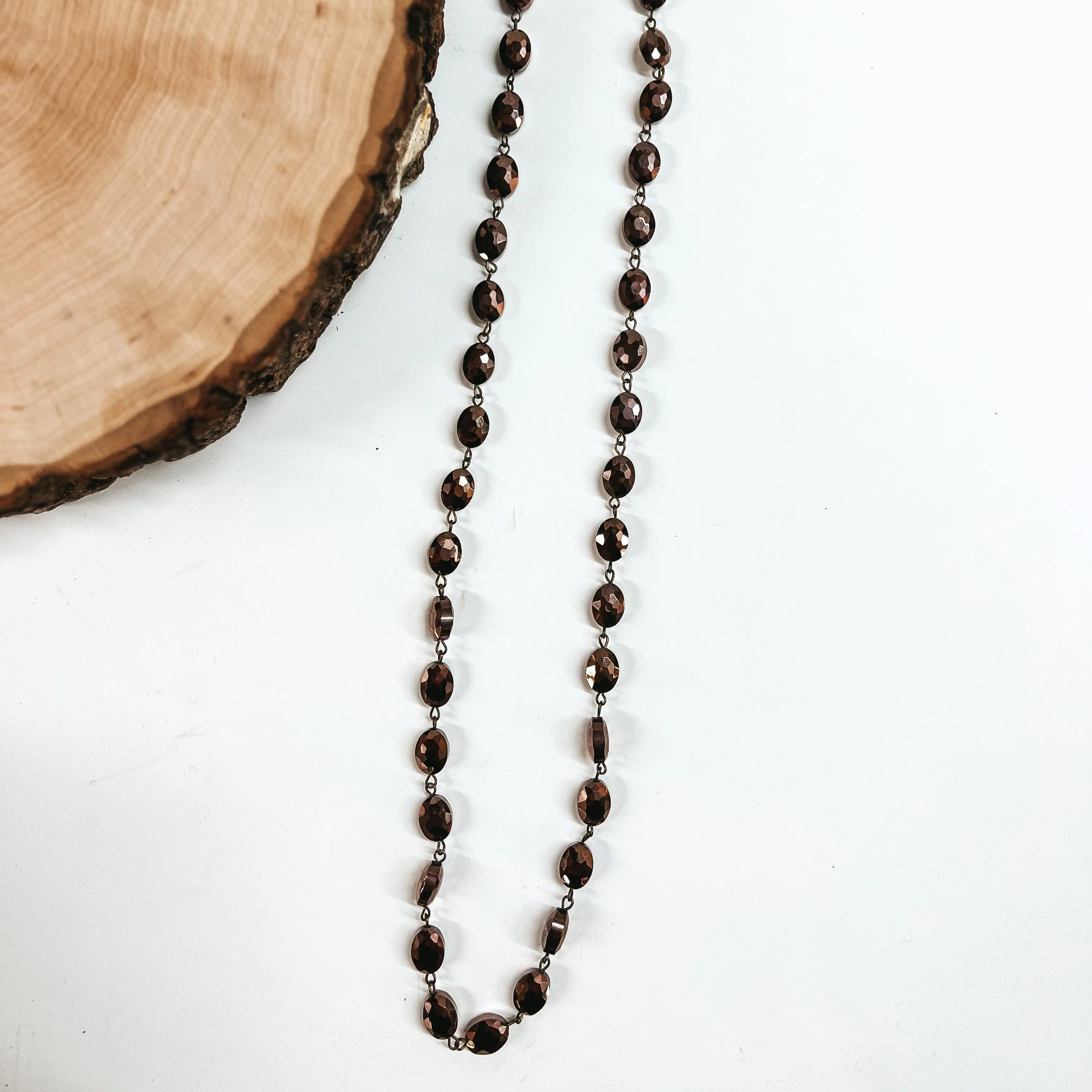 Pink Panache | Long Chocolate Flat Oval Crystal Beaded Necklace with Bronze Links