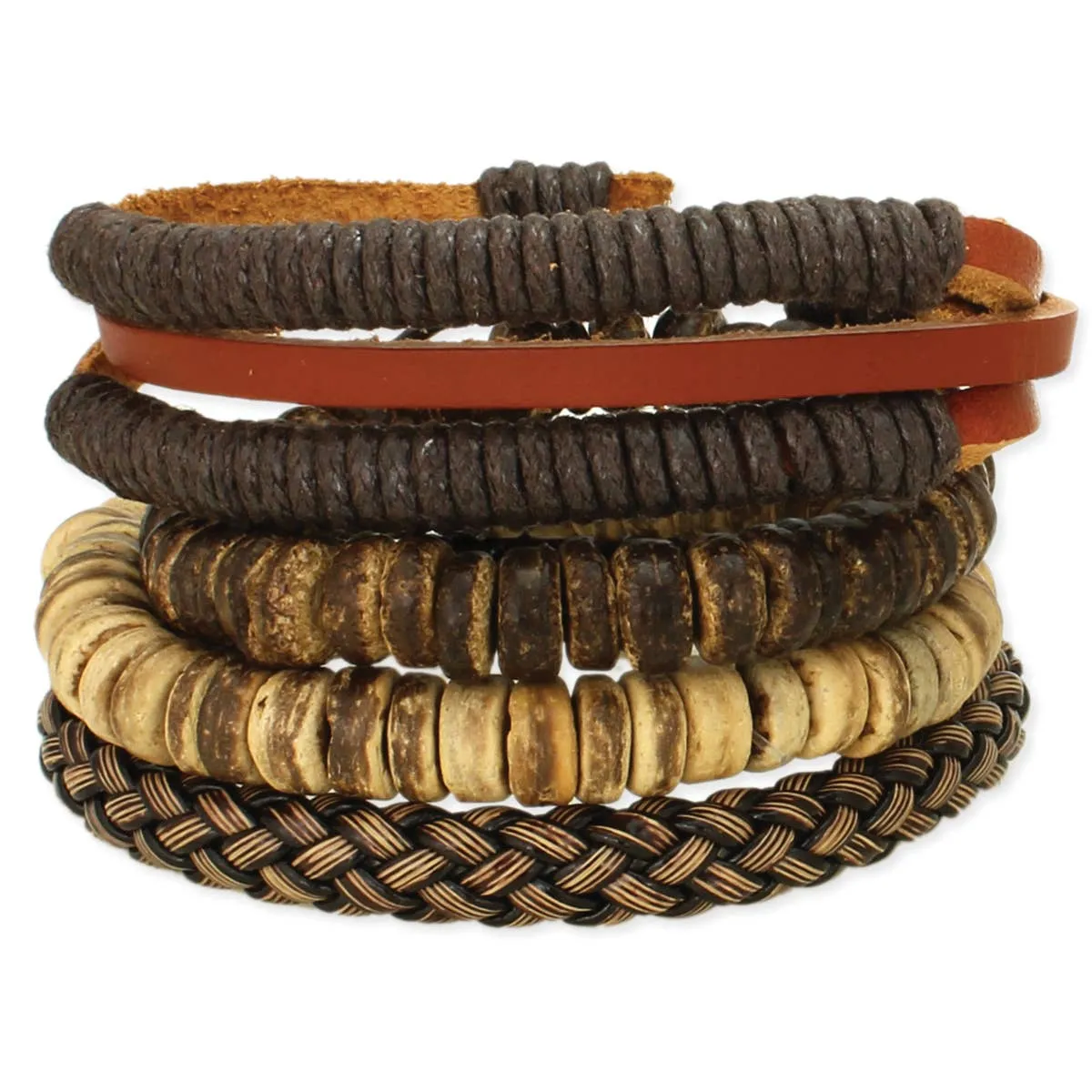 Rustic Textures Leather & Wood Unisex Bracelet Set