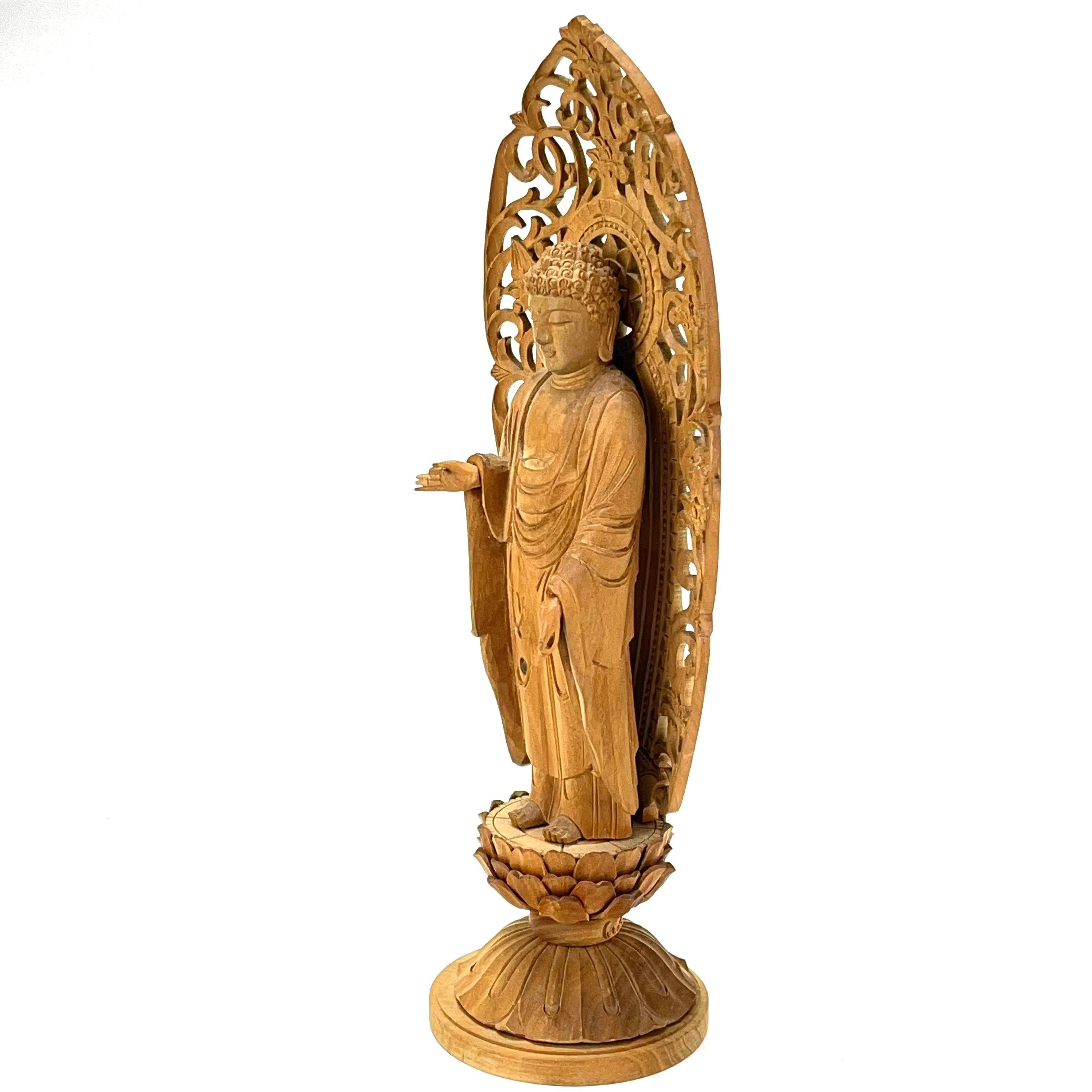 Statue of The Buddha in Standing Pose Carved Wooden Japanese lotus back