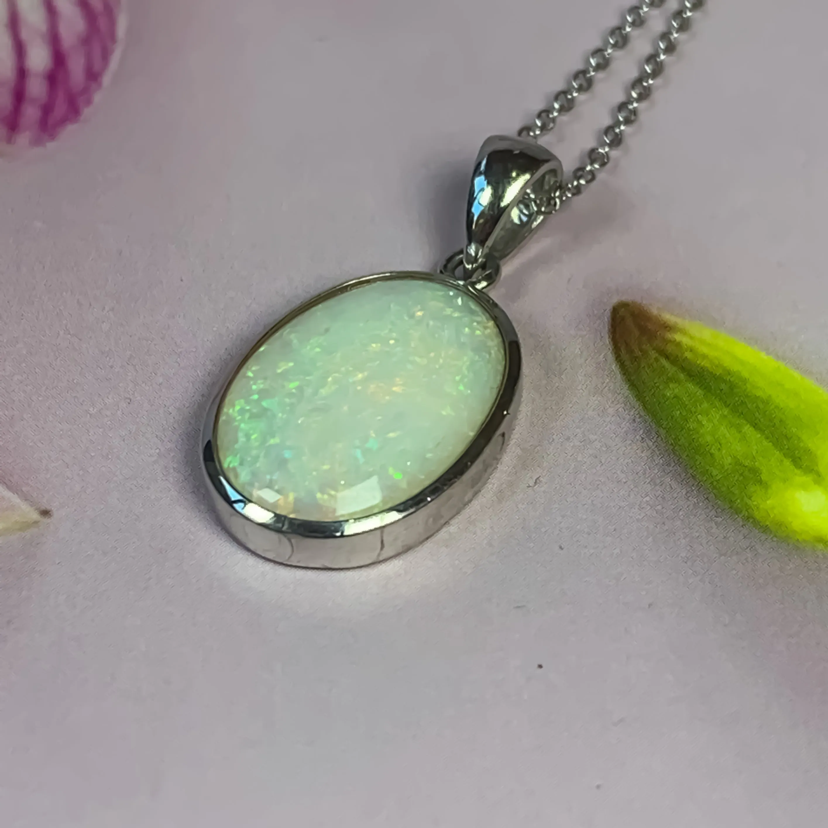 Sterling Silver Light Opal classic bezel pendant 17x12.5mm