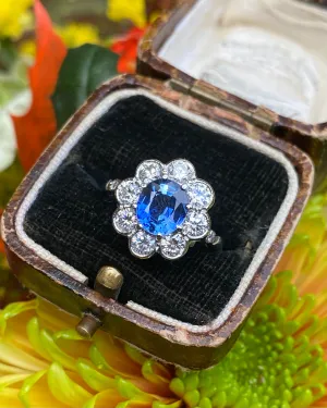 Victorian Sapphire and Diamond Cluster Platinum Ring 1.10ct   1.50ct