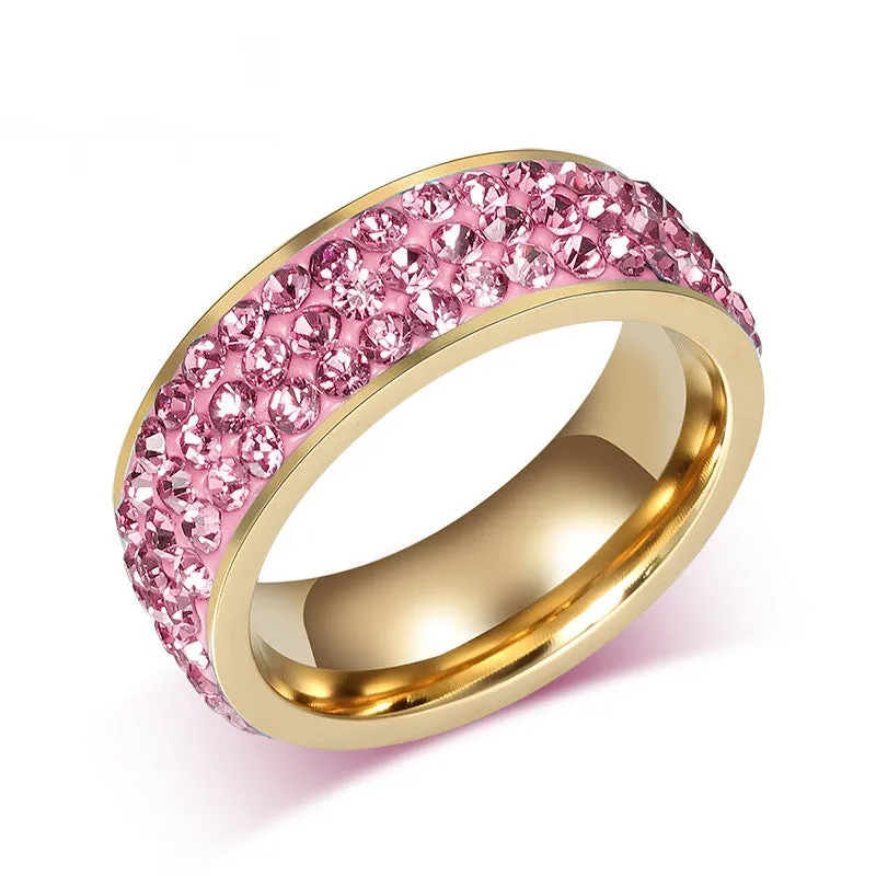 Vintage Wedding Rings For Women 18K Gold Plated Stainless Steel 3 Row Crystal Cubic Zirconia