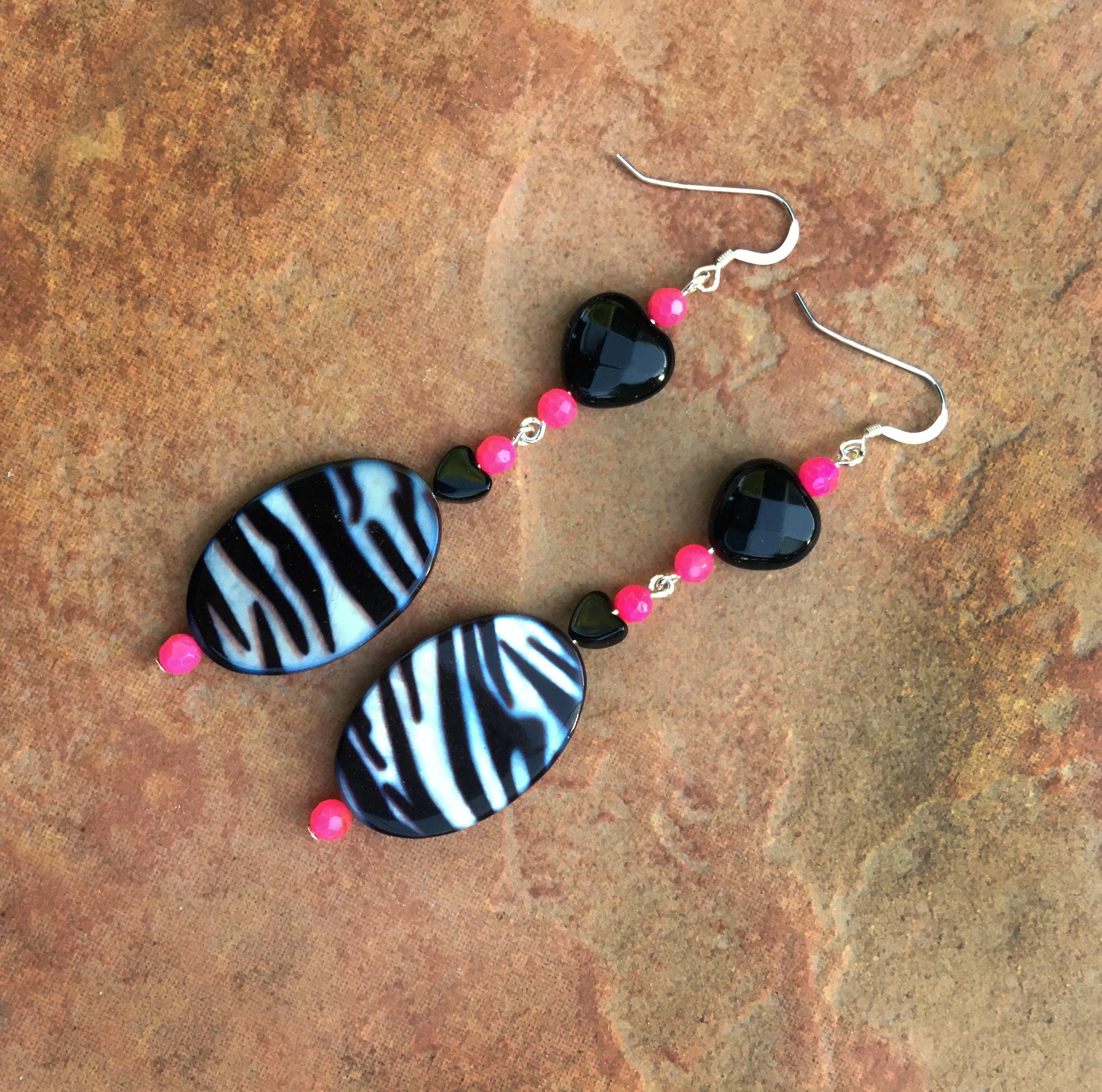 Women's Zebra print mother of pearl, pink Agate Gemstone and Onyx Heart Earrings